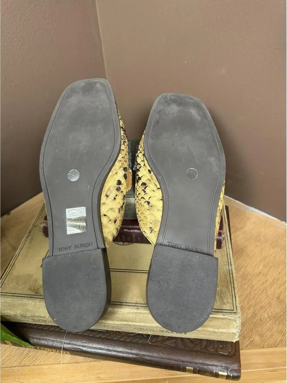 Tory Burch G Georgia mule slide loafer, snake print, gold logo buckle size 8.5
